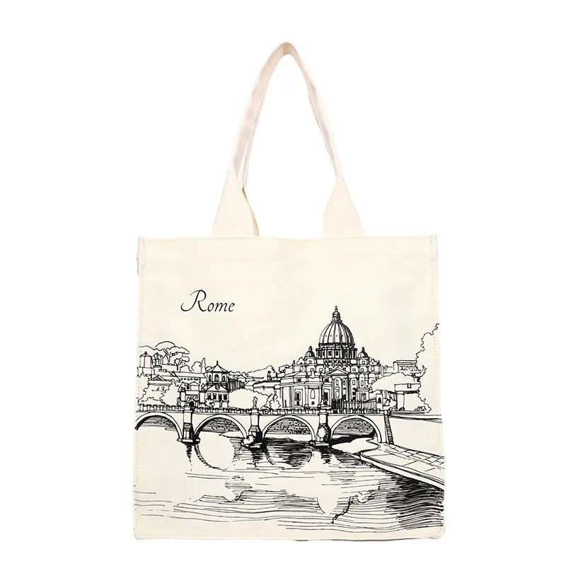 Women Canvas Shoulder Bag Rome Print Shopping Bags Female Handbags