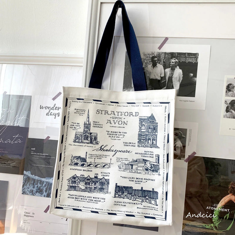 Women Canvas Shoulder Bag Shakespear Printing Casual Handbag Tote Bag