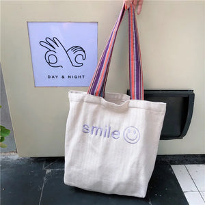 Women Canvas Shoulder Bag Tote Smiley Handbag Shopping Hand Bags