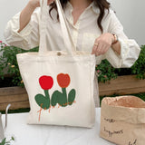 Women Canvas Shoulder Bag Tulip Embroidery Casual Handbag Tote Bag