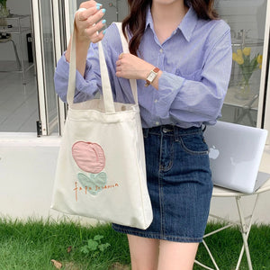 Women Canvas Shoulder Bag Tulip Embroidery Casual Handbag Tote Bag