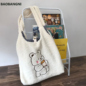 Canvas Shoulder Bag Warm Plush Cloth Handbag Large Capacity Bear Book Bag