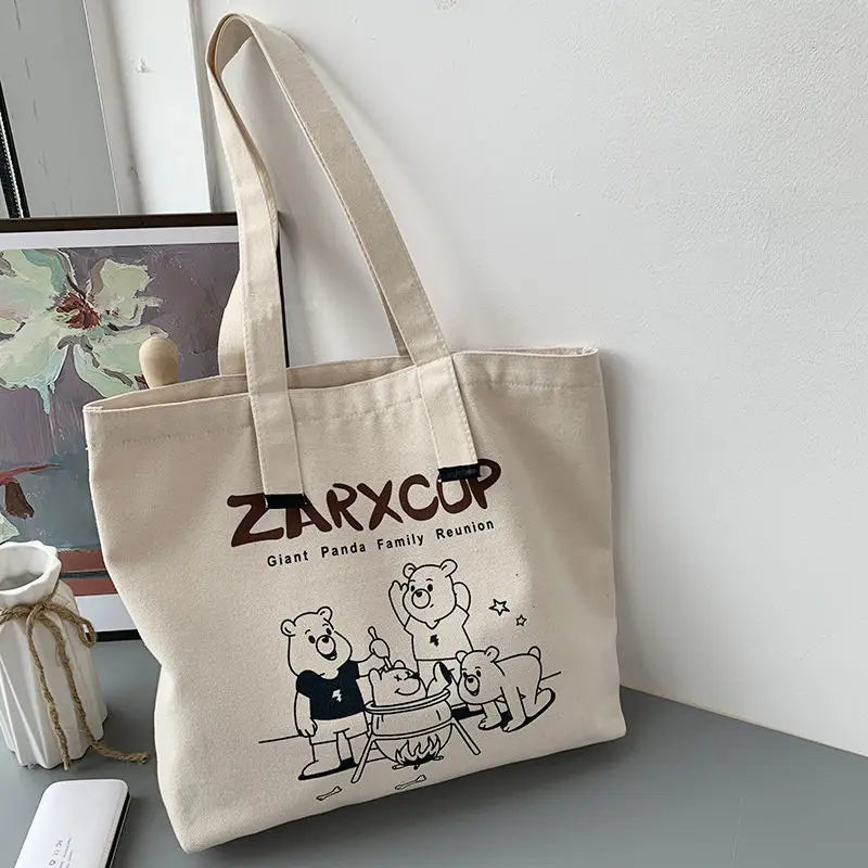 Bear Print Canvas Shoulder Bag Women Casual Handbag Tote Large Capacity