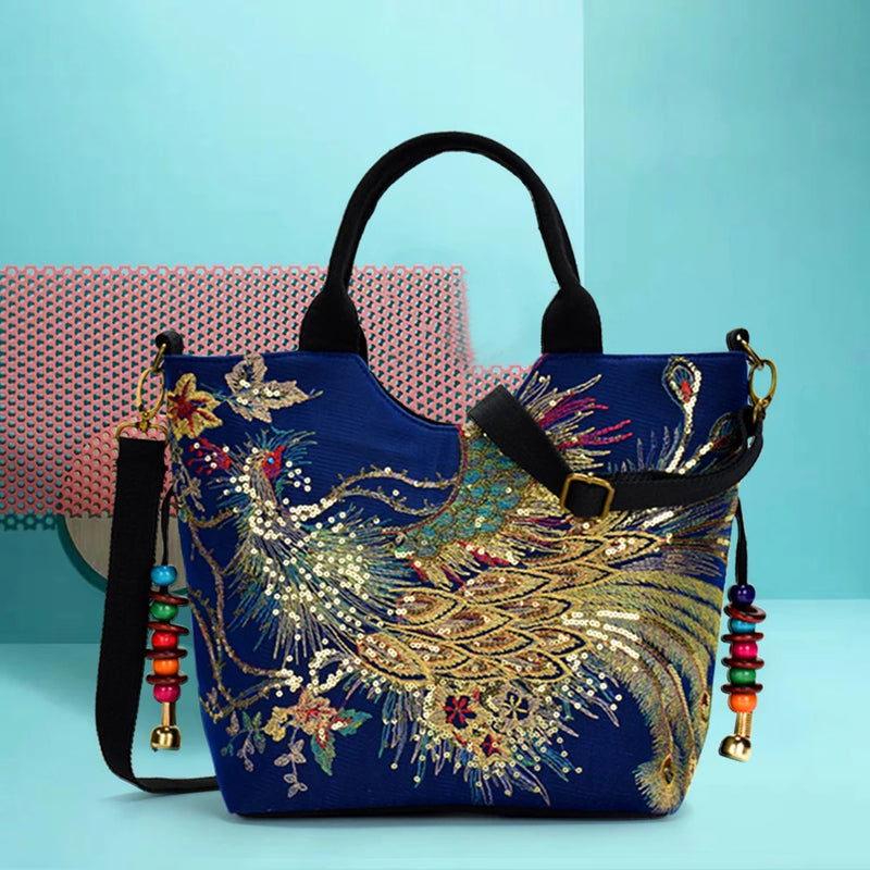 Embroidery Women Canvas Shoulder Bag Ethnic Style Handbag Retro Top-handle Tote