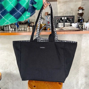 Women Canvas Shoulder Bags Plaid Large Capacity Handbags Lazy Tote Bag