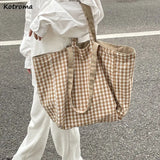 Women Canvas Shoulder Bags Plaid Large Capacity Handbags Lazy Tote Bag