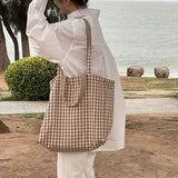 Women Canvas Shoulder Bags Plaid Large Capacity Handbags Lazy Tote Bag
