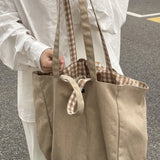 Women Canvas Shoulder Bags Plaid Large Capacity Handbags Lazy Tote Bag