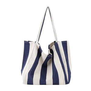 Women Canvas Tote Casual Stripe Shoulder Bag Foldable Reusable Shopping Beach