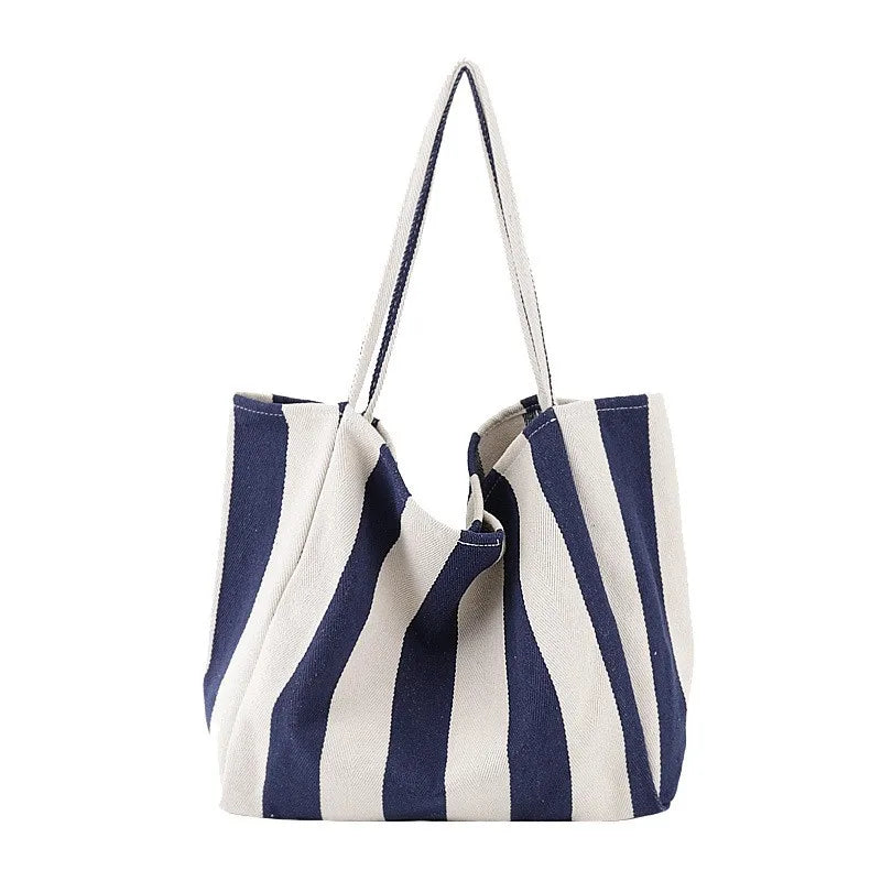 Women Canvas Tote Casual Stripe Shoulder Bag Foldable Reusable Shopping Beach