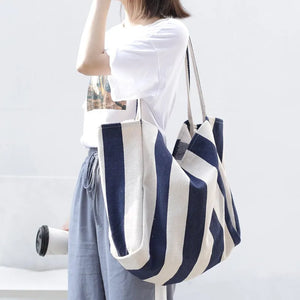 Women Canvas Tote Casual Stripe Shoulder Bag Foldable Reusable Shopping Beach