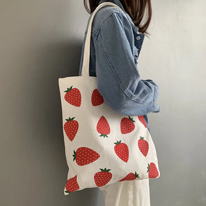 Strawberry Printing Canvas Tote Shopper Bag for Women