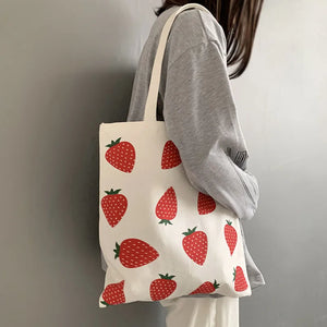 Strawberry Printing Canvas Tote Shopper Bag for Women