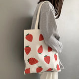 Strawberry Printing Canvas Tote Shopper Bag for Women