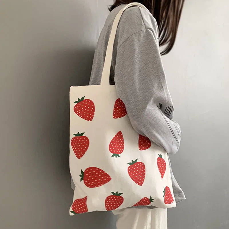 Canvas Tote Shopper Bag Strawberry Print Eco Shopping Shoulder Bag