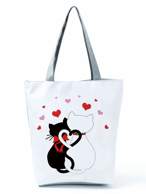 Women Cartoon Cat Handbags Life Pet Print Shopping Bag Lady Travel Beach Tote Ba