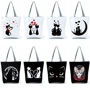 Women Cartoon Cat Handbags Life Pet Print Shopping Bag Lady Travel Beach Tote Ba