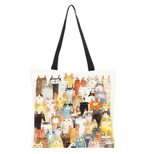 Women Cartoon Cat Handbag Cotton Linen Shopping Bag Large Capacity Shoulder Bag