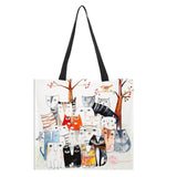Women Cartoon Cat Handbag Cotton Linen Shopping Bag Large Capacity Shoulder Bag