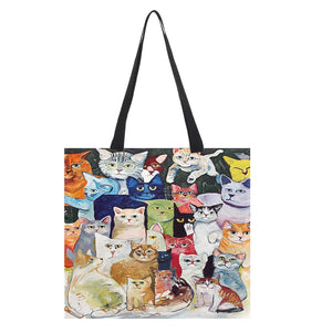 Women Cartoon Cat Handbag Cotton Linen Shopping Bag Large Capacity Shoulder Bag
