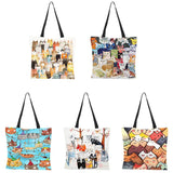 Women Cartoon Cat Handbag Cotton Linen Shopping Bag Large Capacity Shoulder Bag