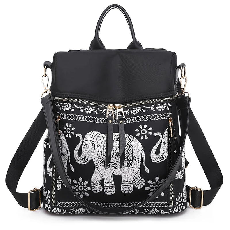Women Casual Backpack Anti-Theft Schoolbag Elephant Printed Shoulder Backpack