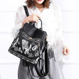 Women Casual Backpack Anti-Theft Schoolbag Elephant Printed Shoulder Backpack