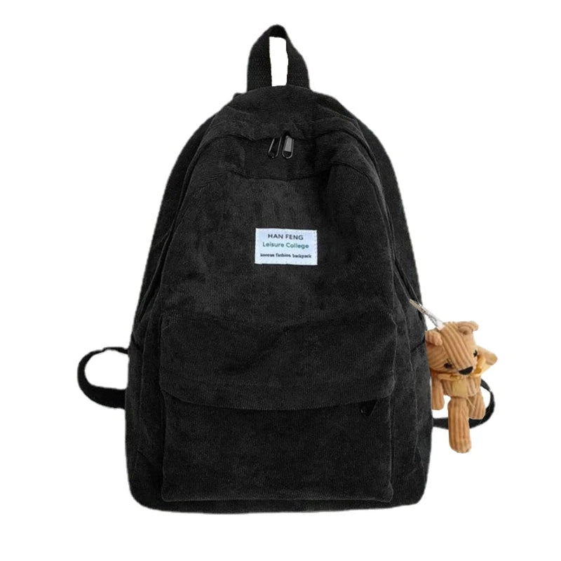 Casual Corduroy Backpack with Pendant School Bag
