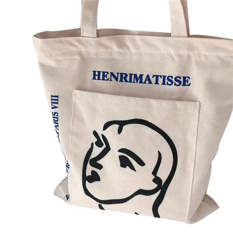 Casual Shoulder Bag, Female Head Print Handbag Tote - White