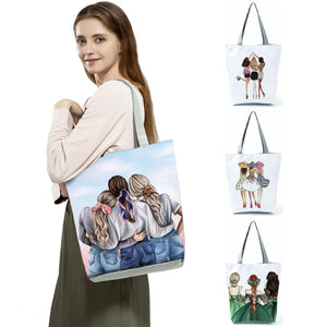 Character Printed Tote Bag Reusable Shopping Shoulder Travel Beach Bag