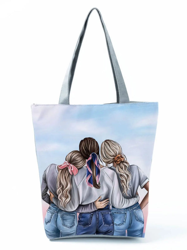 Character Printed Tote Bag Reusable Shopping Shoulder Travel Beach Bag