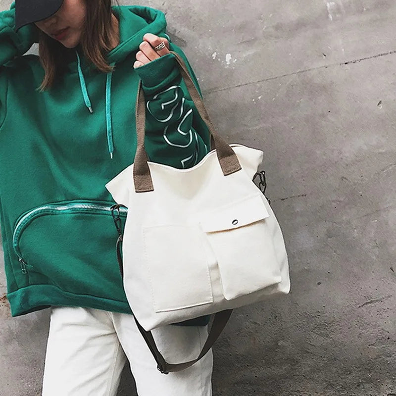 Women Casual Solid Crossbody Canvas Bags Large Capacity Shopping Handbag