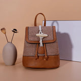 Women Casual Straw PU Backpack Patchwork Horn button Decor Multifunction