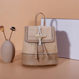 Women Casual Straw PU Backpack Patchwork Horn button Decor Multifunction