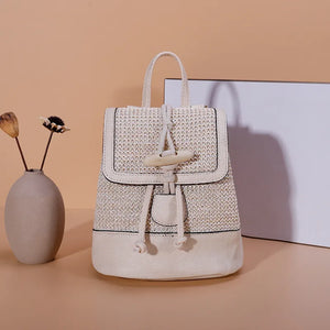 Women Casual Straw PU Backpack Patchwork Horn button Decor Multifunction