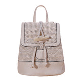 Women Casual Straw PU Backpack Patchwork Horn button Decor Multifunction