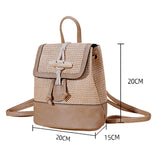 Women Casual Straw PU Backpack Patchwork Horn button Decor Multifunction