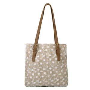 Women Casual Straw Shoulder Bag Embroidery Flower Pattern Leisure Style Braided