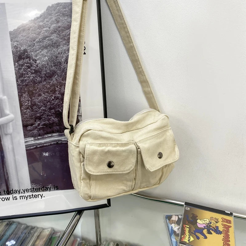 Casual Small Canvas Shoulder Bag Summer Multiple Pockets Crossbody Bags