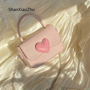 Pink Love Heart Square Shoulder Bag - Women Chain Small Purse