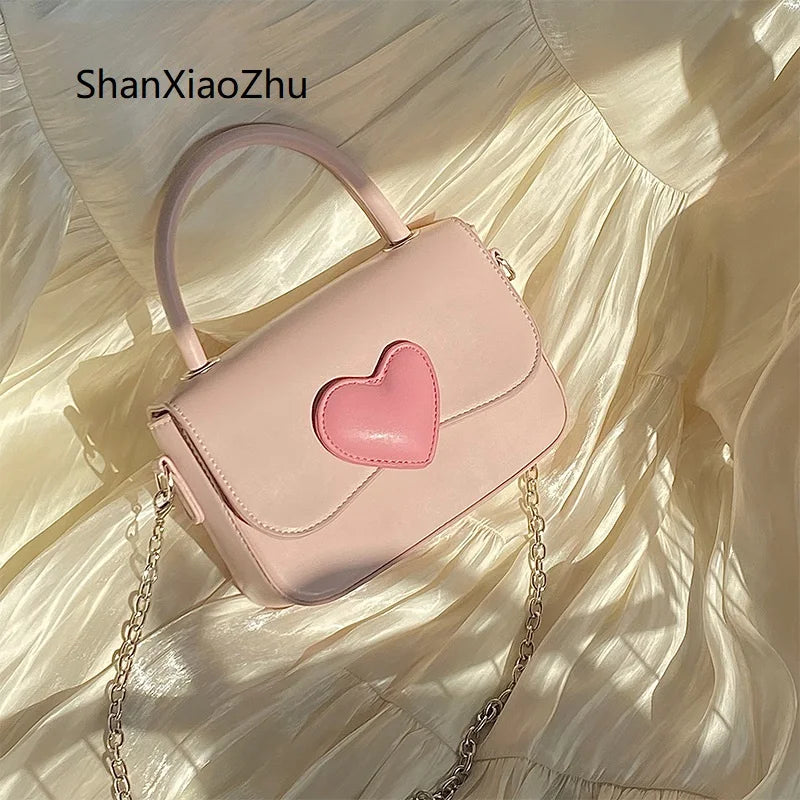 Pink Love Heart Square Shoulder Bag - Women Chain Small Purse