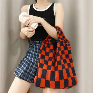 Women Checkered Shoulder Bag Woolen Knitted Clash Tote Bag