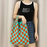 Women Checkered Shoulder Bag Woolen Knitted Clash Tote Bag