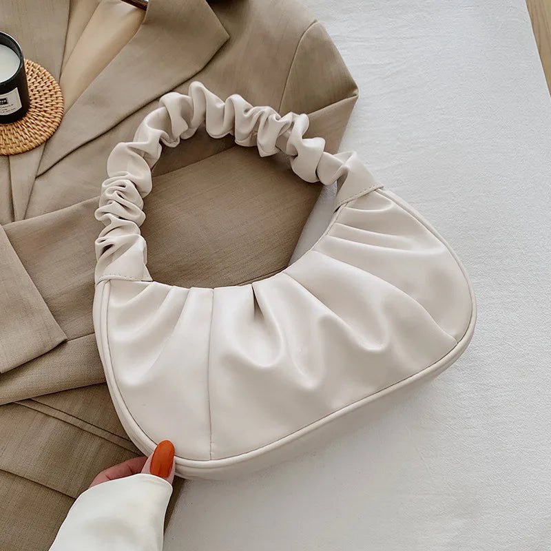 Soft PU Leather Pleated Underarm Bag Women Cloud Handbag