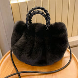 Plush Crossbody Handbag Woven Handle Soft Solid Winter Purse