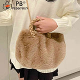 Soft Fluffy Women Clutch Handbag Woven Handle Plush Messenger Bag