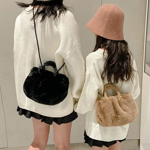 Plush Winter Crossbody Bag Soft Fluffy Handbag Woven Handle Clutch Purse