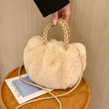 Soft Plush Women Clutch Handbag Woven Handle Winter Purse