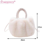 Soft Plush Women Clutch Handbag with Woven Handle - Solid Color