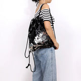 Colorful Sequin Drawstring Backpack Mermaid Beach Bag Glittering School Bag